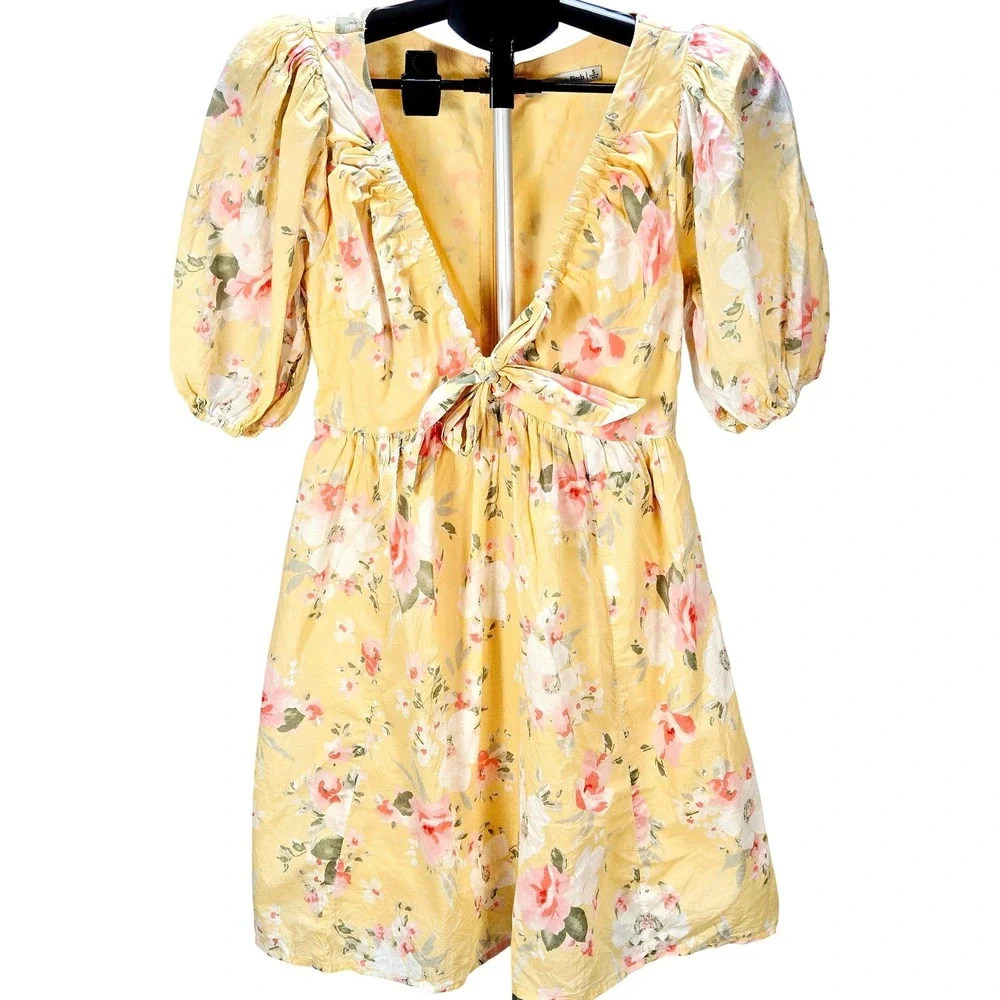 Women's Abercrombie Small Babydoll Milkmaid Midi Dress Yellow Floral Puff Sleeve